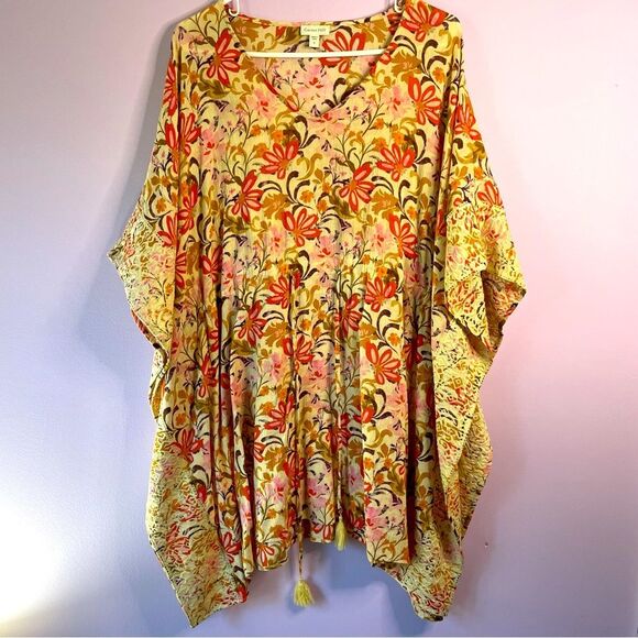 Garnet Hill Embroidered Kaftan Boho Beach Swim Cover Up Cotton Tunic Small - Picture 2 of 7